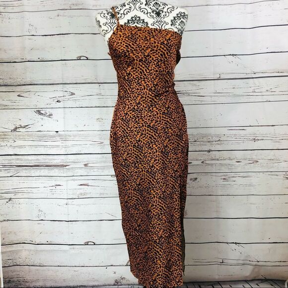 Revolve The East Order One Shoulder Asymmetrical Sahara Leopard Print Midi Dress - Picture 2 of 9